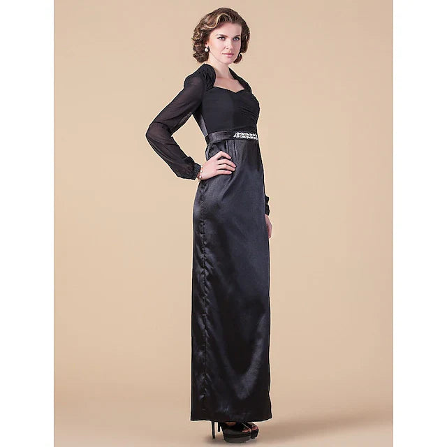Wholesale Sheath / Column Mother of the Bride Dress Queen Anne Floor Length Chiffon Stretch Satin Long Sleeve with Sash / Ribbon Beading Side Draping